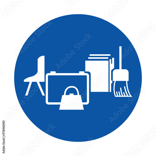 Clean and Organized Workspace with Chair, Briefcase, Papers, and Broom Icon