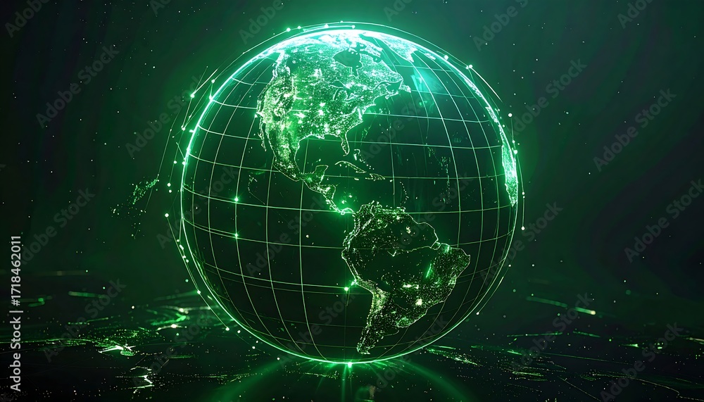 Obraz premium Glowing green digital earth, network connections