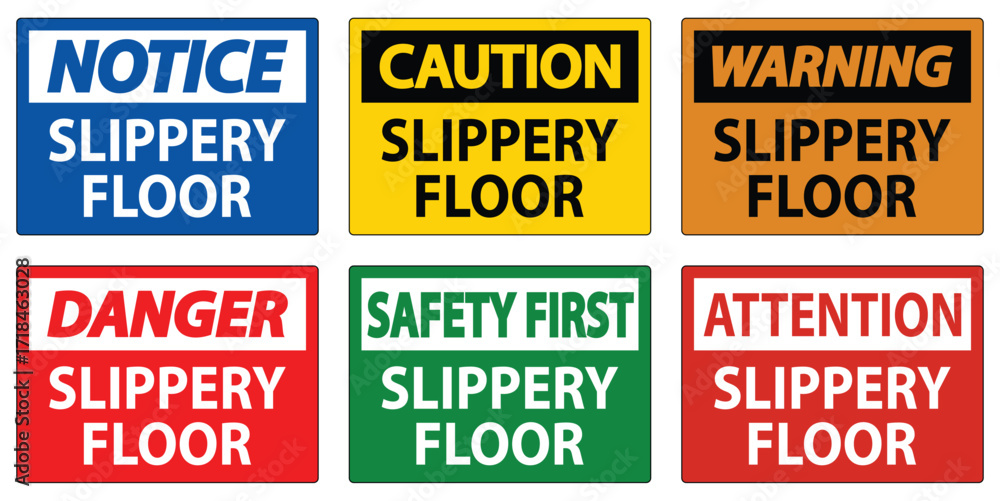 Obraz premium Safety Signs for Slippery Floors with Various Warning Messages and Colors
