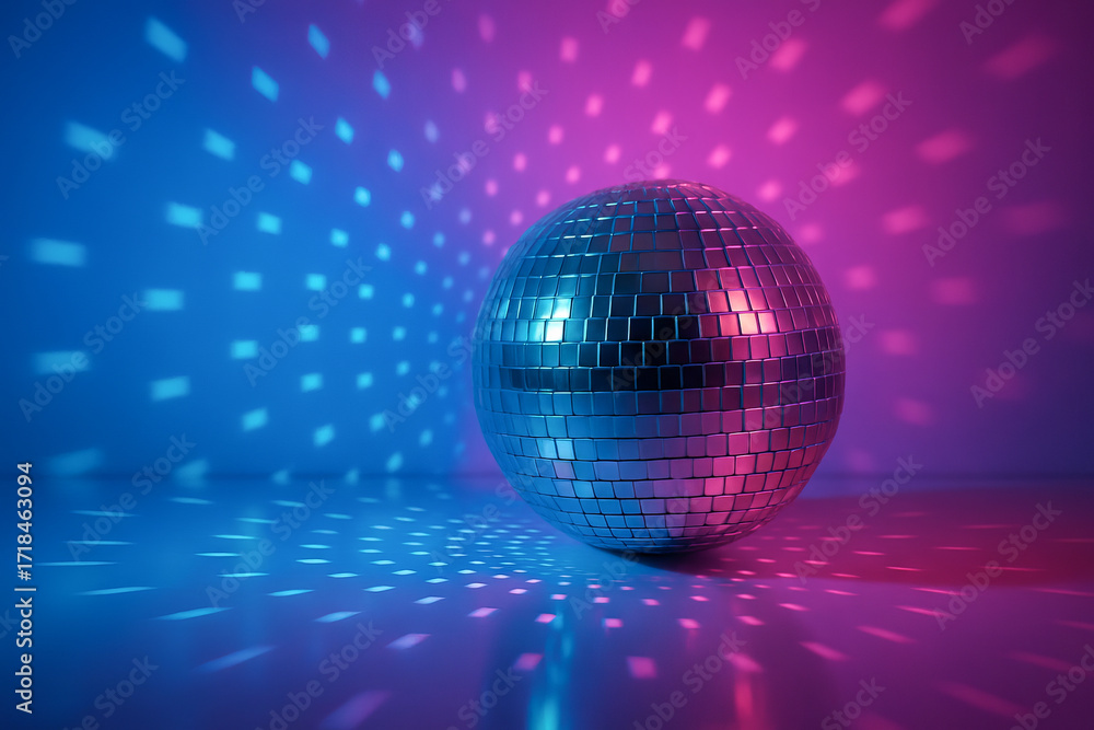 Obraz premium Disco ball reflecting vibrant neon lights in dark room creating dynamic visual experience. concept of nightlife, party atmosphere, dance floor decor.