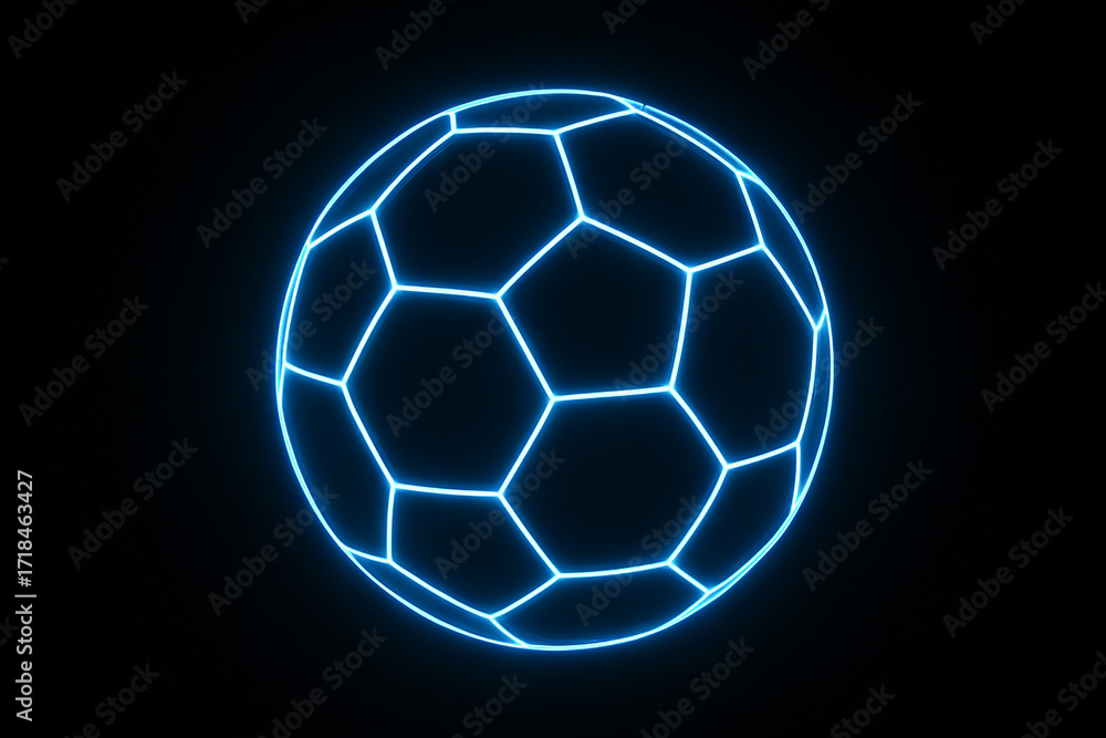 Naklejka premium Glowing neon blue soccer ball isolated on black background. concept of modern sports design, futuristic soccer, luminous athletic elements, energetic visual impact