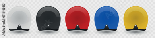 Vector 3d Motorcycle Helmet Set - White, Black, Red, Blue, Yellow Colors. Open Face Helmet. Protective Gear for Bikers, Motorcyclists. Safety Helmet Design, Motorcycle Helmet Icon, Rear View