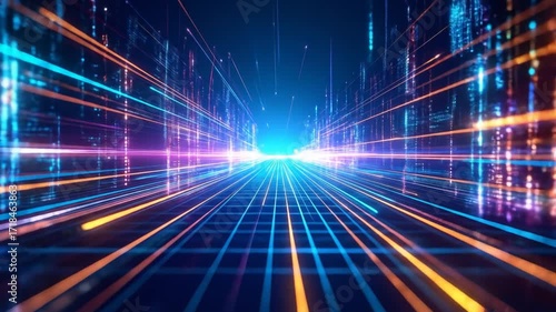 Abstract Geometric Background with Perspective Grid and Blue Orange Light Streaks Perspective Grid and Light Streaks in Blue Orange Tones Abstract Digital Art