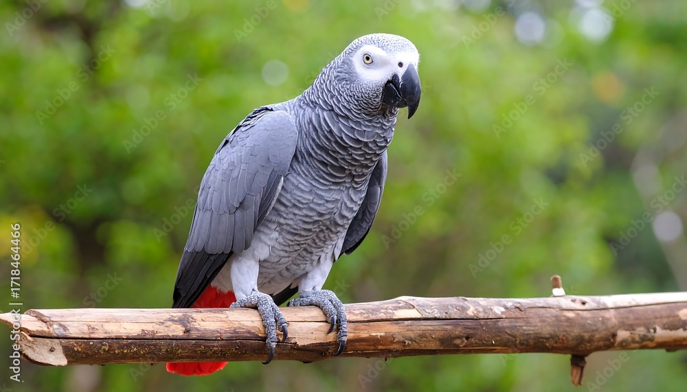 Fototapeta premium Grey parrot perched on branch, vibrant plumage