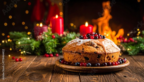 Festive fruitcake on wooden table
