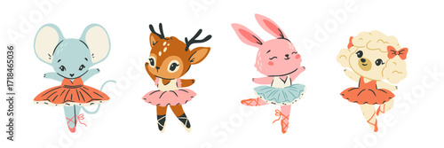 Set of cute ballerina animals. Mouse, rabbit, deer and dog dancing in ballet pointe shoes and tutus. Designs in childrens style. Flat vector illustration collection