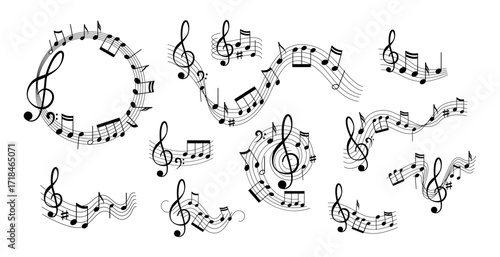 Music notes wave set. Wavy and round frames with different notes of musical notation. Treble clef as symbol of melody for orchestra. Outline vector illustration collection