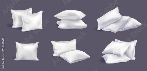 Realistic bed cushion set. Piles and stacks of cotton feather white pillows for bedroom interior. Design elements for mockup. 3D vector illustration collection