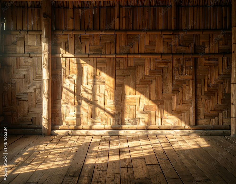 Obraz premium Interior of a rustic wooden structure with sunlight streaming through.
