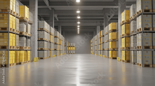 Wallpaper Mural Spacious warehouse interior featuring neatly organized shelves filled with yellow and gray storage boxes. concrete walls and polished floor reflect bright overhead lights, creating clean Torontodigital.ca