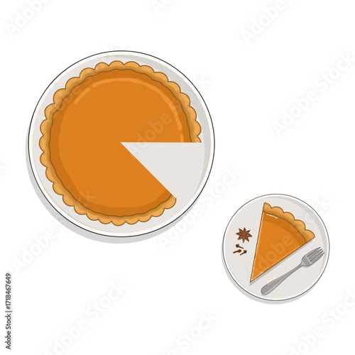 A top view illustration of a whole pumpkin pie with one slice cut out, served on a separate plate with a fork and spices. The design perfect for Thanksgiving or seasonal food themes