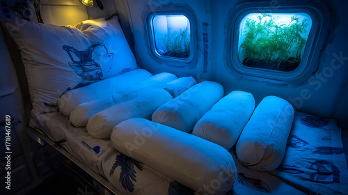 Interior of a submarine or underwater habitat with sleeping bunks and illuminated windows showing aquatic plants outside