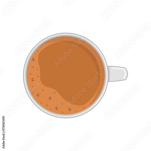 Top view of a cup filled with milk tea, creamy light brown liquid in a ceramic cup on a clean background.