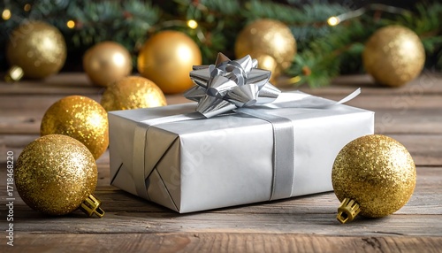 Festive gift wrapped in silver, surrounded by gold ornaments and garland