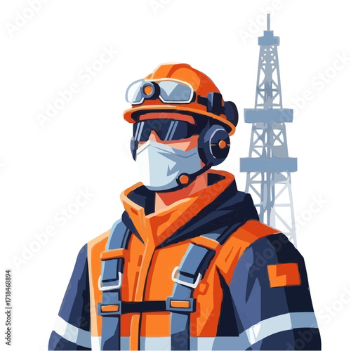 Vector illustration of an offshore oil rig worker assistant in futuristic safety gear, hyper-detailed minimalist flat design with dynamic perspective.