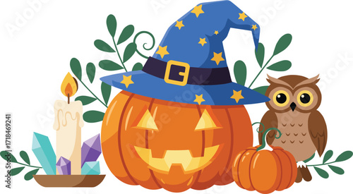 Halloween, pumpkin, wizard hat, owl, candle, crystal, spooky, magical, eerie, illustration, vector, design, icon, glowing, autumn, holiday, theme, leaf, mystical, cartoon