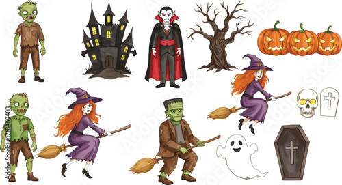 Halloween, character, zombie, witch, vampire, haunted house, ghost, pumpkin, skull, coffin, spooky, scary, creepy, eerie, icon, vector, illustration, holiday, theme, graveyard