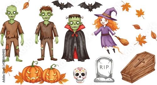 Halloween, character, zombie, vampire, witch, bat, pumpkin, sugar skull, gravestone, coffin, spooky, scary, creepy, eerie, icon, vector, illustration, autumn, holiday, theme