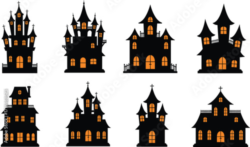 haunted house, Halloween, spooky, silhouette, cartoon, eerie, scary, creepy, illustration, vector, design, black, orange, night, holiday, decoration, theme, tower, window, graveyard