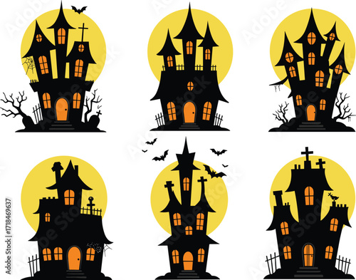 haunted house, Halloween, spooky, silhouette, moon, bat, cartoon, eerie, scary, creepy, illustration, vector, design, black, orange, night, holiday, decoration, theme, graveyard