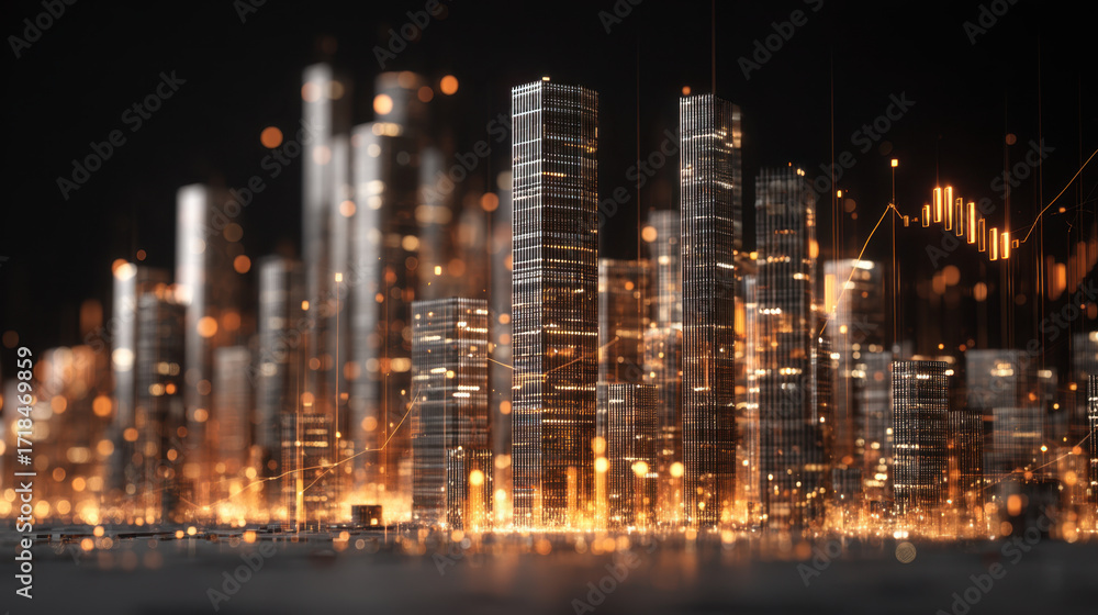 Fototapeta premium Futuristic city skyline with glowing skyscrapers and digital elements, representing technology and innovation in urban environments. scene conveys sense of progress and modernity