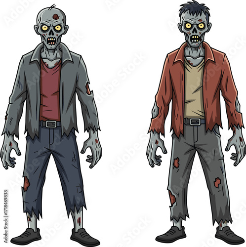 zombie, cartoon, horror, undead, monster, duo, glowing eyes, scary, creepy, Halloween, infected, wounds, jacket, stylized, illustration, vector, character, design, decay, eerie, tattered