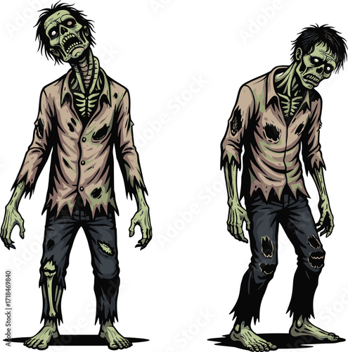 zombie, cartoon, horror, undead, monster, duo, green skin, scary, creepy, Halloween, infected, wounds, ribs, grotesque, stylized, illustration, vector, character, design, matching, eerie