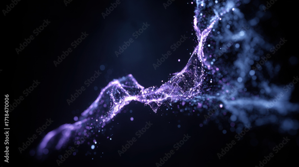 Obraz premium Mesmerizing abstract representation of light particles and energy waves, showcasing vibrant purple hues against dark background, creating sense of movement and depth