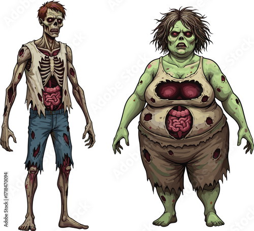 zombie, cartoon, horror, undead, monster, duo, green skin, scary, creepy, Halloween, apocalypse, infected, wounds, intestines, grotesque, stylized, illustration, vector, character, design, eerie