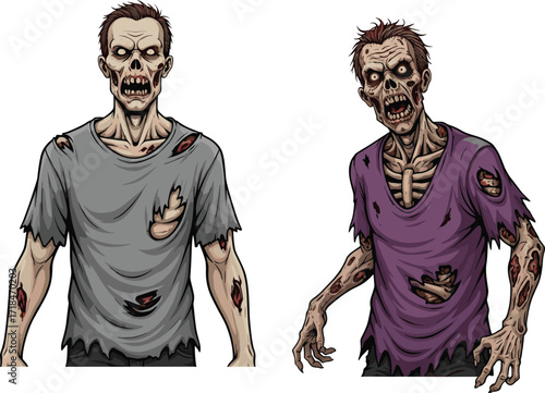 zombie, cartoon, horror, undead, monster, duo, green skin, scary, creepy, Halloween, apocalypse, infected, wounds, ribs, grotesque, stylized, illustration, vector, character, design, eerie