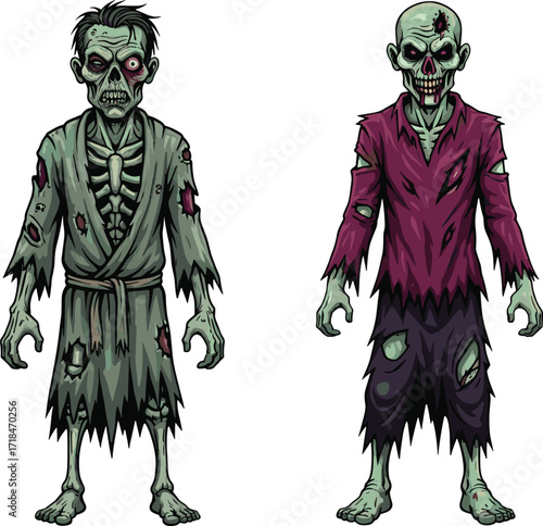 zombie, cartoon, horror, undead, monster, couple, green skin, skeletal face, scary, creepy, Halloween, apocalypse, infected, wounds, ribs, grotesque, stylized, illustration, vector, character, design