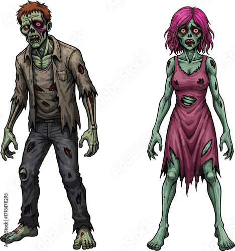 zombie, cartoon, horror, undead, monster, couple, green skin, scary, creepy, Halloween, apocalypse, infected, wounds, jacket, dress, grotesque, stylized, illustration, vector, character, design
