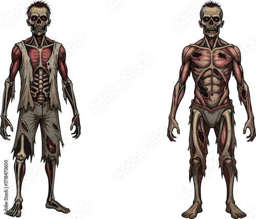Creepy zombie characters, undead monsters with exposed bones and muscles, horror Halloween illustration, detailed scary ghouls for dark themes