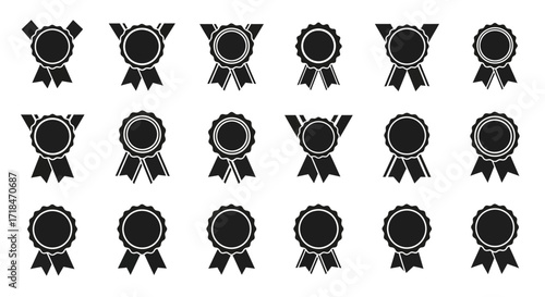 Collection of black and white award ribbon icons with different designs and ribbon arrangements isolated