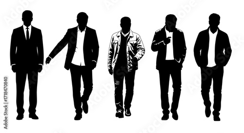 A silhouette illustration of five men in various styles of jackets and suits on a white background