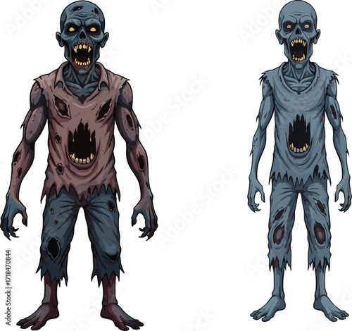 zombie, cartoon, horror, undead, monster, couple, gray skin, scary, creepy, Halloween, apocalypse, infected, wounds, torso, grotesque, stylized, illustration, vector, character, design, eerie