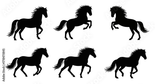 Collection of six black horse silhouettes in various poses against a white background design element