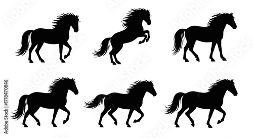 Six black horse silhouettes in various poses against a plain white background in a vector format