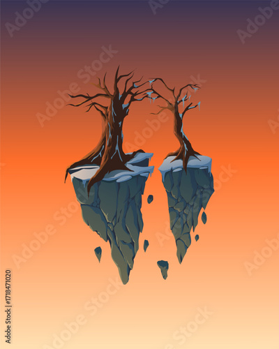 Vector illustration of snowy floating island with dead tree