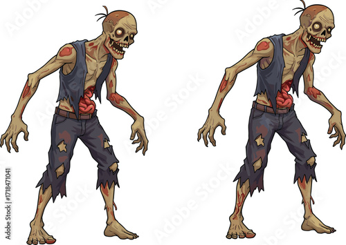 zombie, cartoon, horror, undead, monster, green skin, scary, creepy, Halloween, apocalypse, infected, wounds, intestines, grotesque, skeletal, stylized, illustration, vector, character, design, decay
