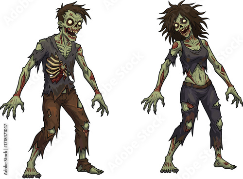 zombie, cartoon, horror, undead, monster, couple, green skin, skeletal chest, scary, creepy, Halloween, apocalypse, infected, wounds, bones, grotesque