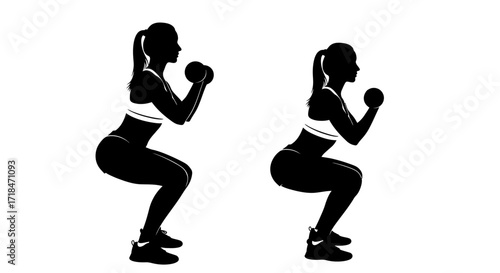 Silhouette of two women doing squats with dumbbells in a white background fitness exercise routine