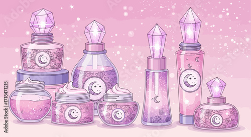 Illustration of assorted pink and purple cosmetic jars and bottles with moon and star designs on a pink background