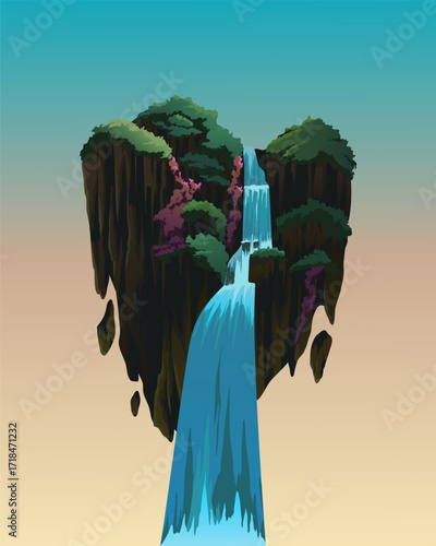 Vector illustration of floating fantasy island with beautiful waterfall