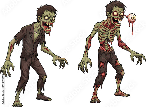 zombie, cartoon, horror, undead, monster, couple, green skin, scary, creepy, Halloween, apocalypse, infected, wounds, organs, eyeball, grotesque, stylized, illustration, vector, design