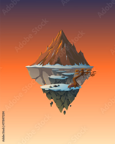 Vector illustration of fantasy snowy floating island with big mountain and tree