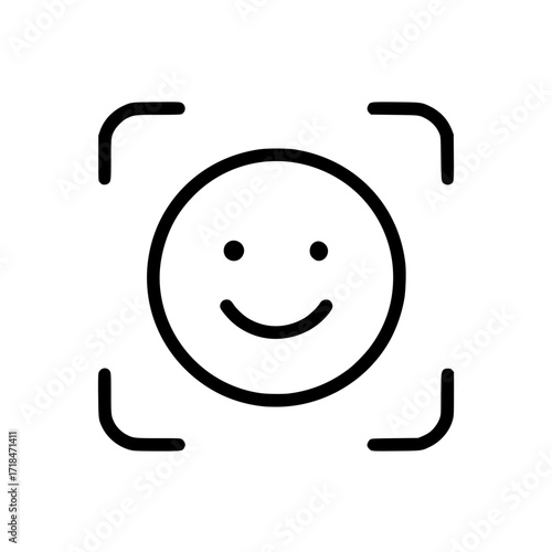 Isolated simple line art smiley face icon for facial recognition
