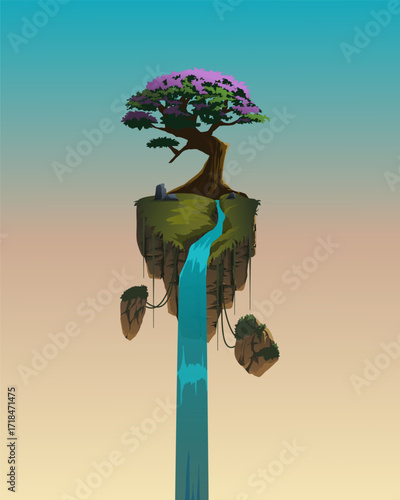 Vector illustration of fantasy floating island with big tree and beautiful waterfall