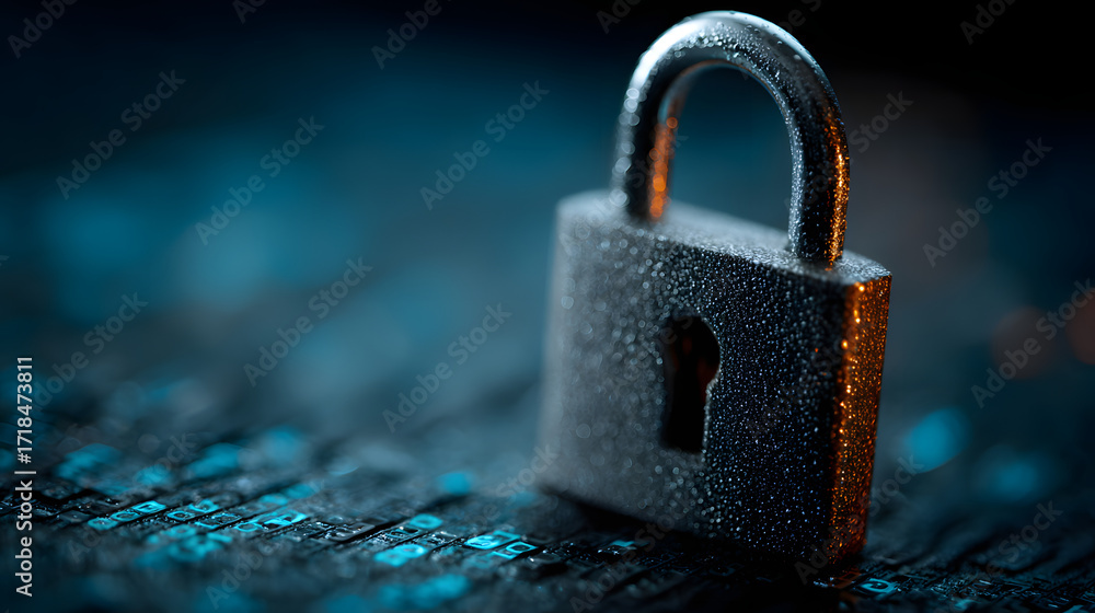 Fototapeta premium digital padlock on abstract cyber security technology blue background with binary code