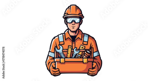 Vector art of oil platform assistant holding safety equipment toolbox, rendered in semi-flat style with sharp contrast shadows, bold lines and sleek gradients